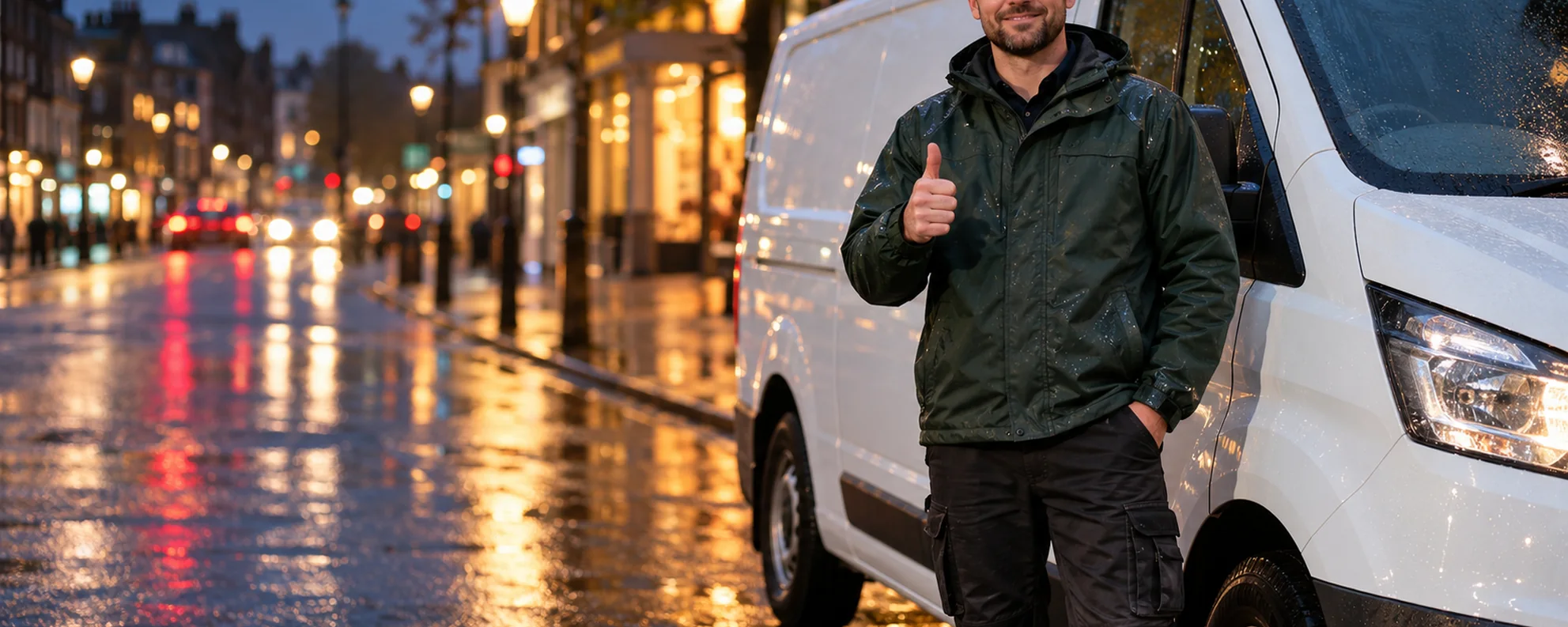 Illustrative AI-generated image of a multi-trade worker beside an unbranded white work van, giving a thumbs-up.